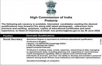Job Vacancy in the High Commission of India, Pretoria